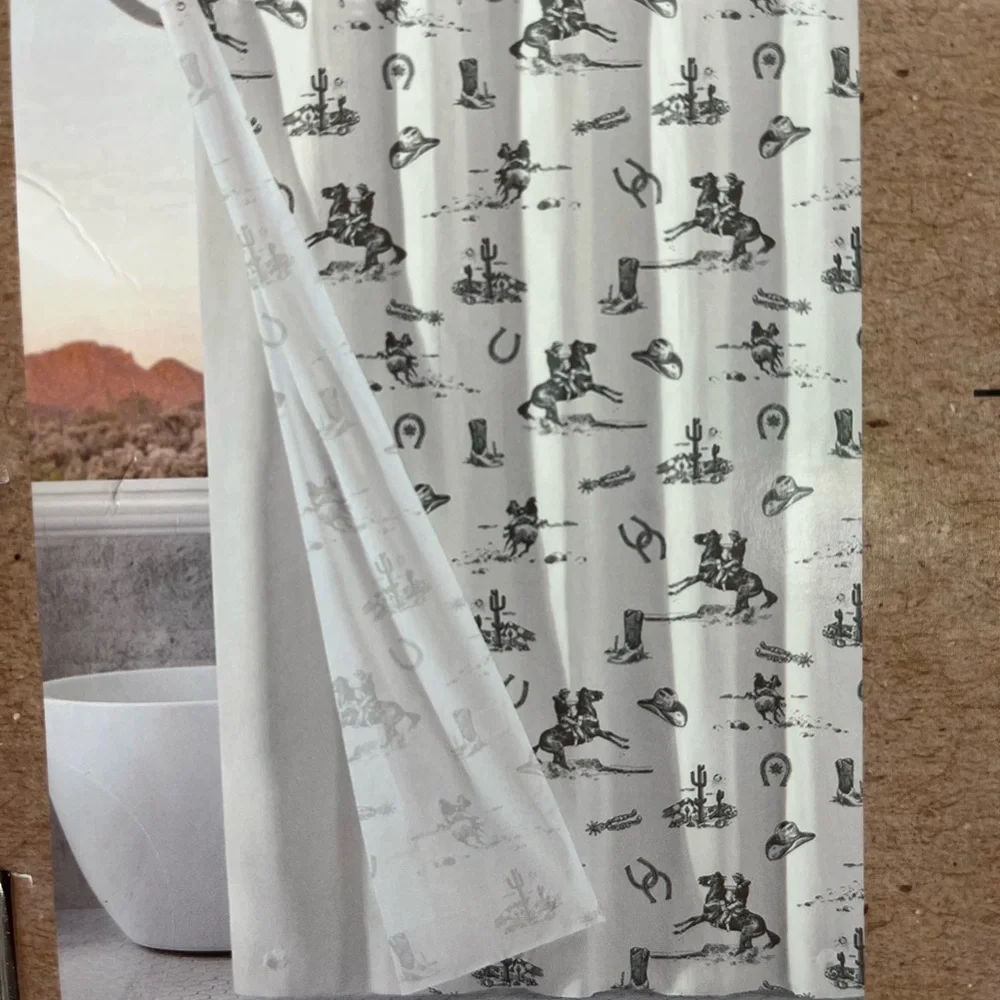 Wrangler White and Olive Green Shower Curtain Set Horse Cowboy Horseshoe Cactus